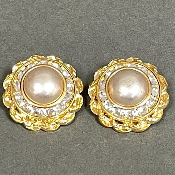Gold-tone Faux Pearl Rhinestones Round Shank Buttons Lot of 2 - Picture 1 of 7